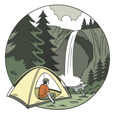 Kuzeybatı Pasifik 'i dene. Çadırın içinde. Al 'ın yarattığı çarpıcı şelaleye bak. Vektör simgesi