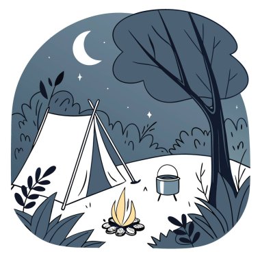 Orman kamp ateşi. Çadır. Yemek takımları. Açık hava macerası için sıcak bir ışık döngüsü. Yapay zeka üretildi. Vektör simgesi
