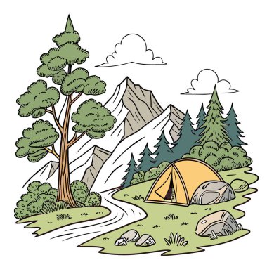 Yaz mevsiminde çadırı olan dağlarda mükemmel bir kamp yeri. Pankart. .. yapay zeka üretildi. Vektör simgesi