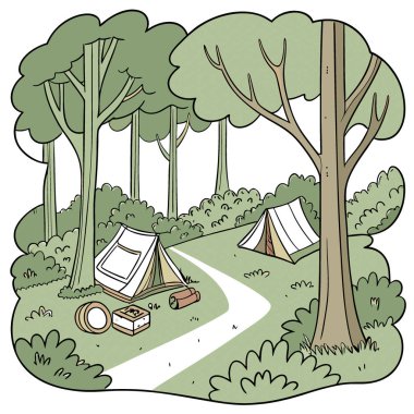Huzurlu bir orman ortamında birkaç çadır. Açık hava ve kamp temaları için ideal. Yapay zeka üretildi. Vektör simgesi