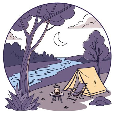 Gün batımında nehrin kenarında sıcak bir ateş ve rahat bir koltukla kamp kurun. Yapay zeka üretildi. Vektör simgesi