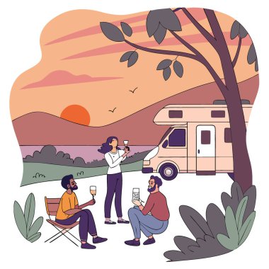 Arkadaşları gün batımında bir karavanın yanında açık hava toplantısında şampanya ile kutlama yapıyorlar. Yapay zeka üretildi. Vektör simgesi