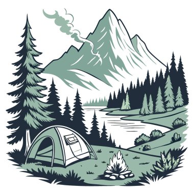 Çadırları ve kamp ateşiyle birlikte doğada resim gibi bir kamp alanı. Orman. Göl. Dağ. Yapay zeka üretildi. Vektör simgesi