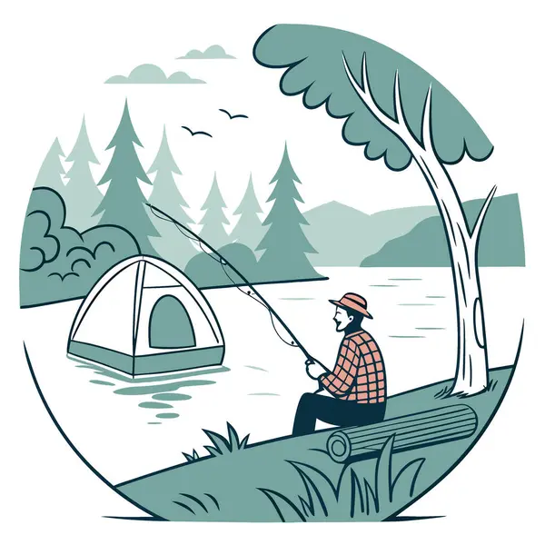 Huzurlu gölde balık tutan adam. Doğayla iç içe. Arka planda rahat bir çadır var. Yapay zeka üretildi. Vektör simgesi