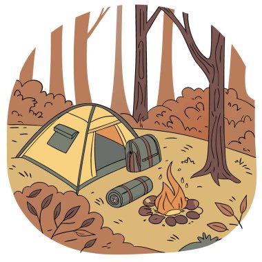 Orman ortamında şenlik ateşi. Kamp malzemeleri ve arka planda bir çadırla. - Evet. Yapay zeka üretildi. Vektör simgesi