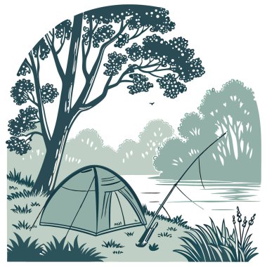 Sabahları gölün, nehrin ve doğanın arka planında sazan balığı avlama çadırı ve çubukları yapay zeka oluşturur. Vektör simgesi