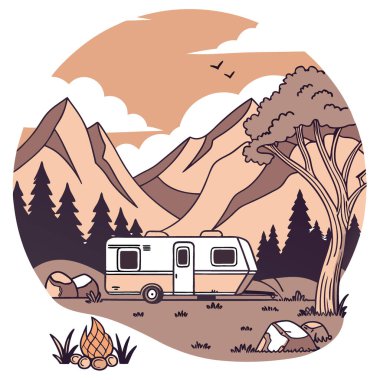 Gezgin kervanı, gün batımında manzaralı sakin dağlık arazinin ortasına park etmiş. Yapay zeka üretildi. Vektör simgesi