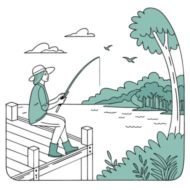 Göl kenarındaki manzaralı bir rıhtımda dizüstü bilgisayar ve olta kamışı ile çalışan biri yapay zeka üretiyor. Vektör simgesi