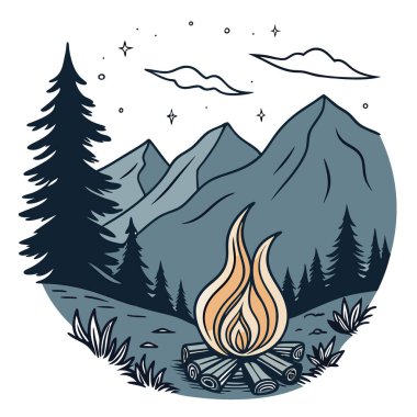 Dağlarda gökyüzünün arka planında şenlik ateşi. Yaratıcı Sancak. Telif uzayı resmi. Yapay zeka üretildi. Vektör simgesi