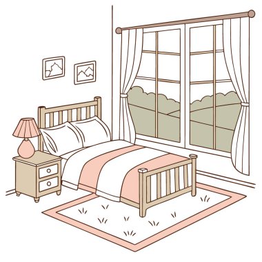 Rahat ve rahat bir kral yatağı, bir sürü yastığı ve pencerenin dışında güzel bir manzarası var. Vektör simgesi