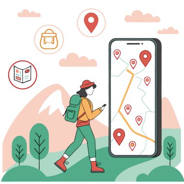 Gezici Seyahat Güvenliği Uygulaması Küresel İstikamet Bilgileri ve Macera İpuçları Gösterimi. Yapay zeka üretildi. Vektör simgesi