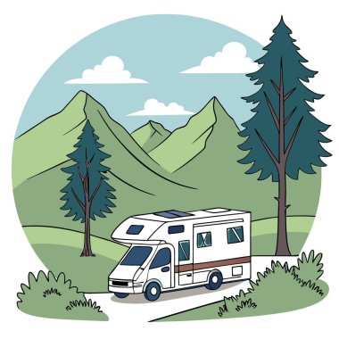 Güneş enerjili karavan Sürdürülebilir Macera Yolculuğu için Manzaralı Dağ Manzarası 'na park edildi. Yapay zeka üretildi. Vektör simgesi