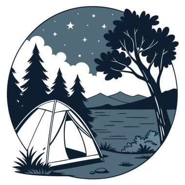 Gece vakti, uzak bir açık hava ortamında yıldızlı bir gökyüzünün altında aydınlatılmış rahat bir çadır. Yapay zeka üretildi. Vektör simgesi