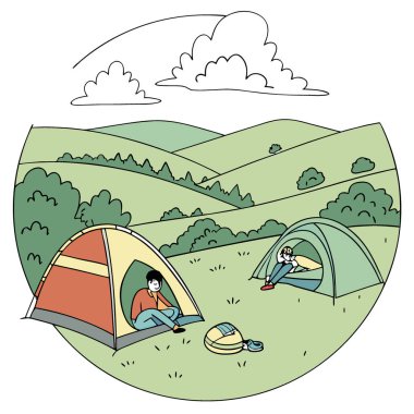 Festivale katılanlar çadırlarında uyanıyorlar. Glastonbury 'nin kırsal güzelliğiyle çevrili. Yapay zeka üretildi. Vektör simgesi