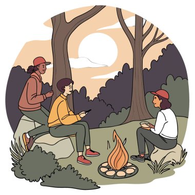 Dostlar ormanda kamp ateşi etrafında toplanır. Yapay zekanın ürettiği güneşin batışının tadını çıkarıyor. Vektör simgesi