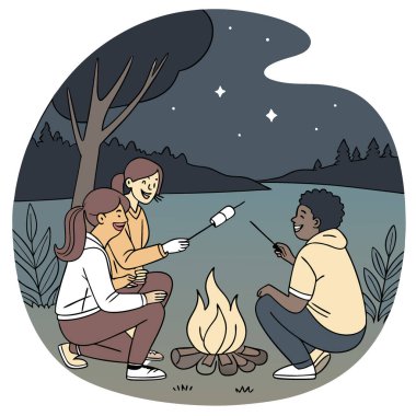 Alacakaranlıkta ateşin yanında lokum kızartırken eğlenceli bir yaz gecesinde göl kenarında kamp yapmak. Yapay zeka üretildi. Vektör simgesi