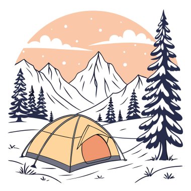 Buzlu karlı dağlarda gün batımı ve kuzeyde sıcak, aydınlık bir çadır kış kampı. Yapay zeka üretildi. Vektör simgesi