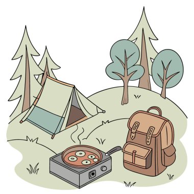 Dışarıda kamp yapmak için kullanılan taşınabilir bir LPG gaz sobası. Alevler içinde pişen yemeklerle. Yapay zeka üretildi. Vektör simgesi