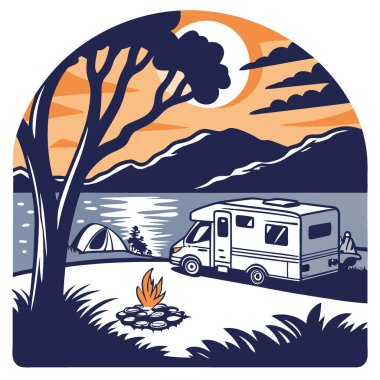 Lakeside karavan kümesi, kamp ateşi ve yemek pişirme düzeneği. Akşam havası. Kimse yok. Yapay zeka üretildi. Vektör simgesi