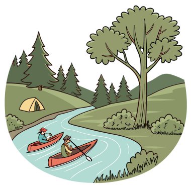 Eco Friendly Nature Reserve 'deki Ekvator Kampı' nda kano gezisi. Yapay zeka üretildi. Vektör simgesi