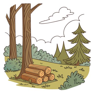 Etrafı doğa ile çevrili sakin bir orman ortamında kullanılmak üzere güzelce istiflenmiş yakacak odun. Yapay zeka üretildi. Vektör simgesi