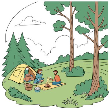 Yaz ormanı kamp macerası. Ormandaki vahşi doğanın tadını çıkarıyorum. Yapay zeka üretildi. Vektör simgesi
