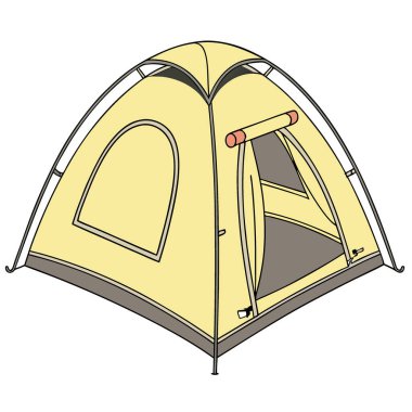 Pencereli sarı kamp çadırı. Beyaz arka planda izole edilmiş. Şeffaf arka plan. Yapay zeka üretildi. Vektör simgesi