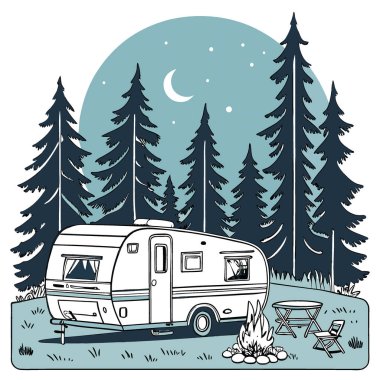 Issız bir yere park edilmiş bir seyahat karavanı. Kamp ateşi ve açık hava koltuklarıyla. Yapay zeka üretildi. Vektör simgesi