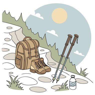 Güneşli yaz gününde dağlarda sırt çantası ve deri çizmeler. Yürüyüş ekipmanları yapay zeka üretildi. Vektör simgesi