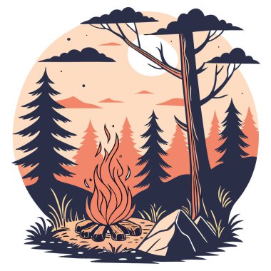 Doğada ateş. Ormanda şenlik ateşi. Yapay zekanın ürettiği günbatımında kamp ateşi yakacak odun. Vektör simgesi