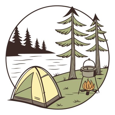 Göl kenarındaki kamp alanında gündüz vakti çam ağaçları olan sarı çadırın yanında paslanmaz çelik yangın. Yapay zeka üretildi. Vektör simgesi