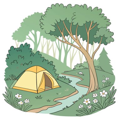 Huzurlu orman ortamında yemyeşil ağaçlarla çevrili manzaralı sarı bir kamp çadırı yapay zeka üretiyor. Vektör simgesi