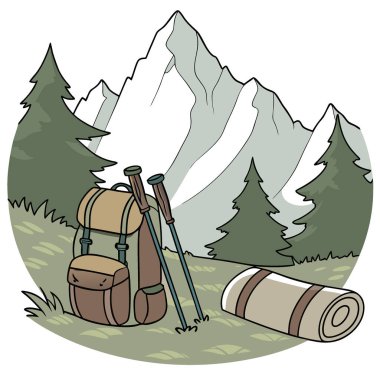 Sırt çantası. yürüyüş direkleri ve dağlarda uyku paspası. Metin için boşluk. Turizm ekipmanları. Yapay zeka üretildi. Vektör simgesi