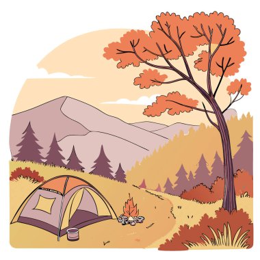 Huzurlu dağlarda sonbahar kampı aktif ve sakin bir açık hava deneyimi sunuyor. Yapay zeka üretildi. Vektör simgesi