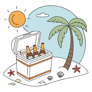 Sıcak bir günde, plajda, yapay zekanın ürettiği bir plajda buzda soğutulmuş bira şişeleri. Vektör simgesi