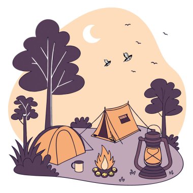 Sıcak Fener Işıltısı ve Alacakaranlıkta Sivrisinek Kovucu Aydınlatma ile Samimi Kamp Sahnesi. Yapay zeka üretildi. Vektör simgesi