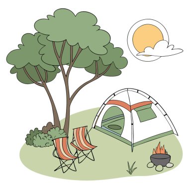 Açık havada kamp yapmak, bol güneş ışığı, bir çadır, iki tane kamp sandalyesi, mangal masası, yapay zeka. Vektör simgesi
