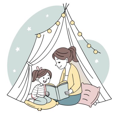 Sevgi dolu bir anne ve kızı, ışıklarla süslenmiş bir çadırda masal kitabının tadını çıkarıyorlar. Yapay zeka üretildi. Vektör simgesi