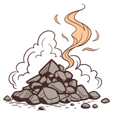 Beyaz arka planda ateş ve duman olan bir yığın kaya çıkıyor. ai tarafından üretilir. Yapay zeka üretildi. Vektör simgesi