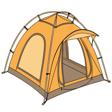 Turuncu bir kamp çadırı. Geniş ve havaya dayanıklı. Şeffaf bir arkaplanda gösterilen yapay zeka. Vektör simgesi