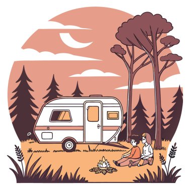Gün batımında seyahat karavanının yanında sıcak bir akşam. Karavanda aile kampı. Doğada dinlenmek. Yapay zeka üretildi. Vektör simgesi