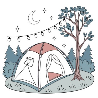 Peri ışıklarıyla dolu rahat bir kamp çadırı. Yapay zekanın oluşturduğu bir kamp gezisinde sıcak bir ortam yaratmak. Vektör simgesi