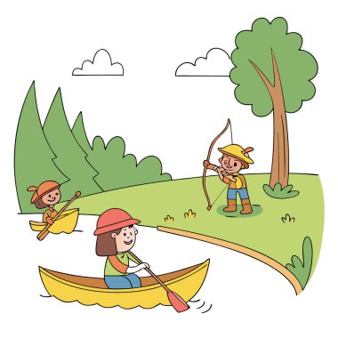 Çocuklar kano ve okçulukla yaz kampının tadını çıkarıyorlar. Takım çalışmasını ve kendine güveni arttırmak yapay zekanın ürünüdür. Vektör simgesi