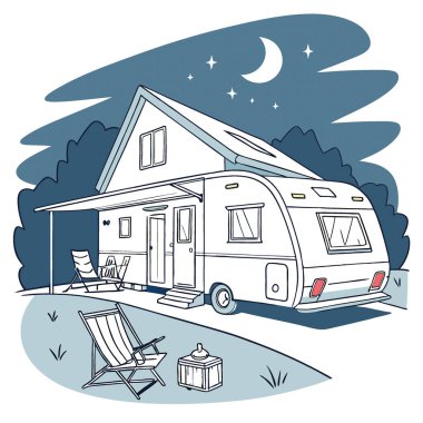 Kulübeye park etmiş modern bir karavan. Işıklandırılmış ve kamp koltuğu tenteleri ve mobilyalarla yapay zeka üretildi. Vektör simgesi
