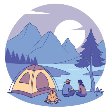 Gölün kenarında çadırlı huzurlu aile kampı gezisi. Kamp ateşi. ve Majestic Mountain Views. Yapay zeka üretildi. Vektör simgesi