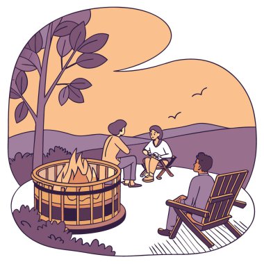 Sıcak açık hava ateş çukuru ve akşam sosyal etkinliklerinde parlayan közler. Rahatlık ve sıcaklık yapay zekanın yarattığı şeyler. Vektör simgesi