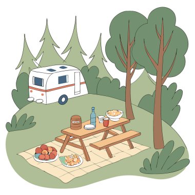 Kamp pikniği. Yapay zekanın ürettiği orman doğasında seyahat karavanının önündeki ahşap masada yiyecek ve içecek. Vektör simgesi