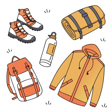 Açık hava ve macera giysileri markası. çeşitli eşyalar. Kningling. Üst Manzara. Yat yere, yapay zeka üretildi. Vektör simgesi