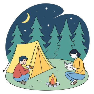 Üç kişilik aile, yıldızlı bir gökyüzünün altında, yapay zekalarının oluşturduğu parlak sarı çadırlarının altında konforlu bir gece geçirmekten hoşlanırlar. Vektör simgesi