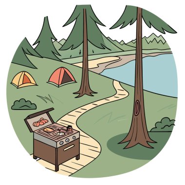 Göl kenarındaki çadır ve ağaçlarla dolu bir kamp alanında yemek pişirilmiş taşınabilir barbekü mangalı. Yapay zeka üretildi. Vektör simgesi